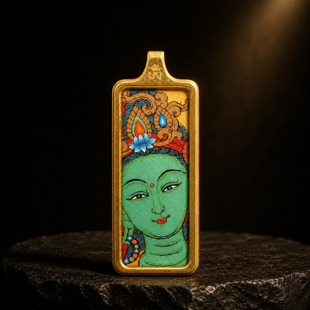 Eastern Luck Green Tara mini Tibetan thangka pendant — dark stone display — image 3 of 10