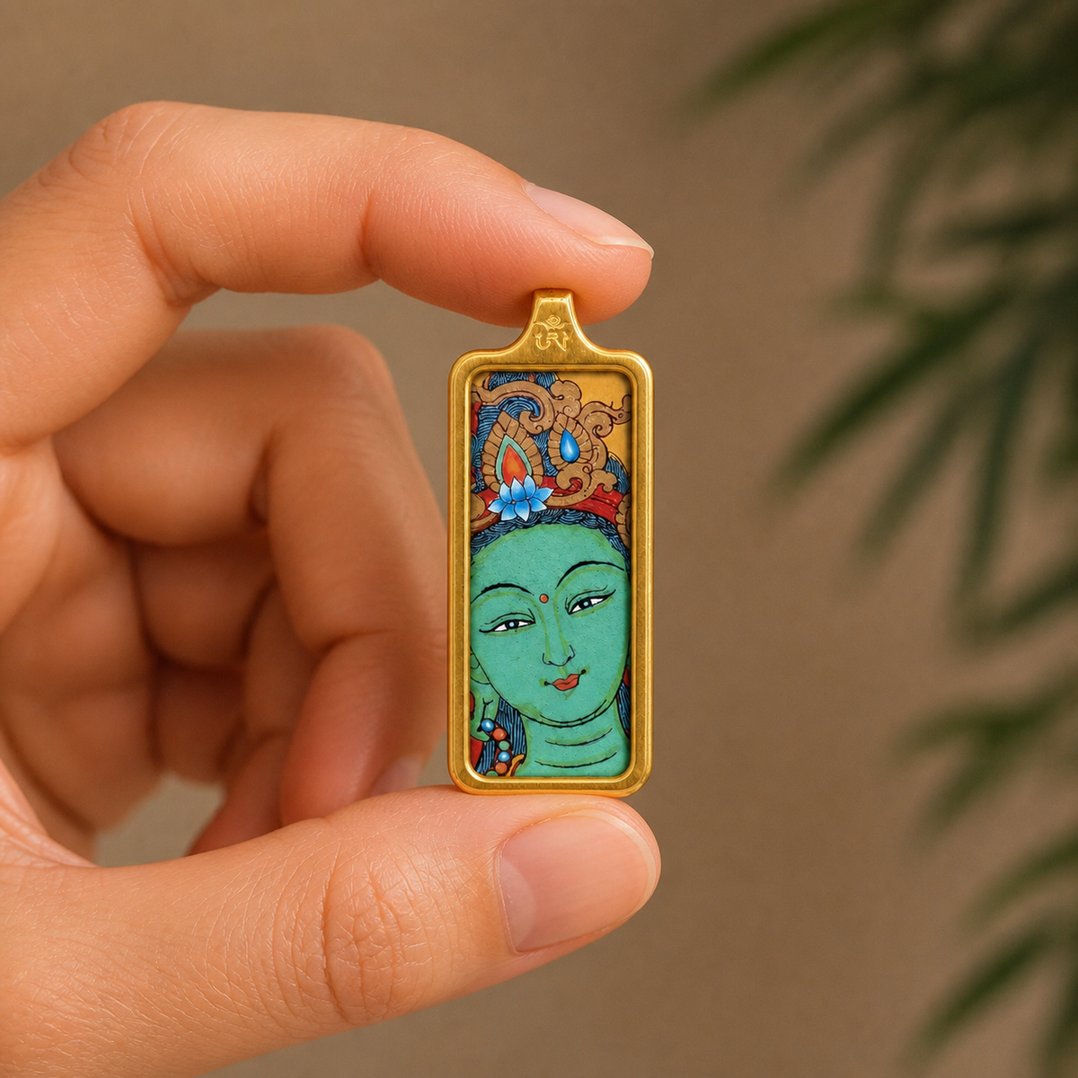 Eastern Luck Green Tara mini Tibetan thangka pendant — adult hand scale — image 4 of 10