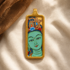 Eastern Luck Green Tara mini Tibetan thangka pendant — ivory linen still life — image 5 of 10