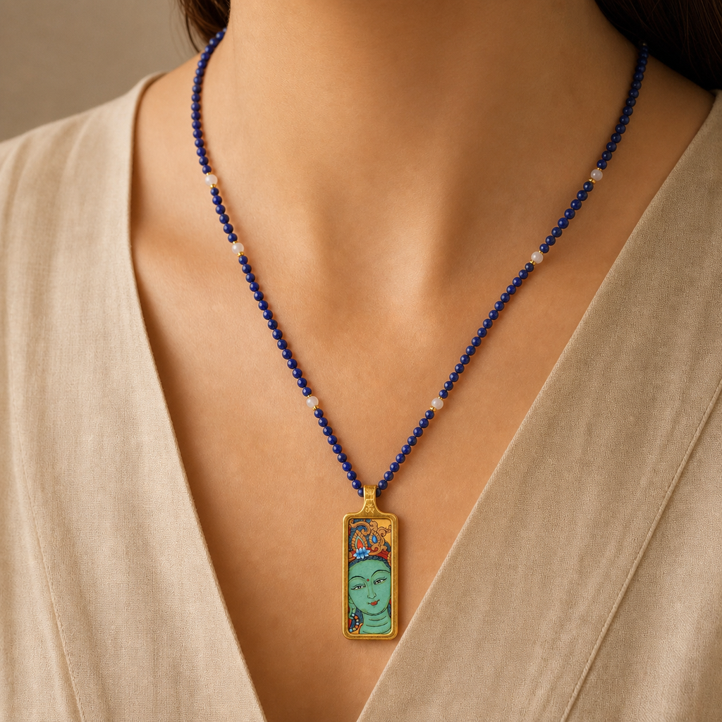 Eastern Luck Green Tara mini Tibetan thangka pendant — lapis bead necklace worn — image 8 of 10