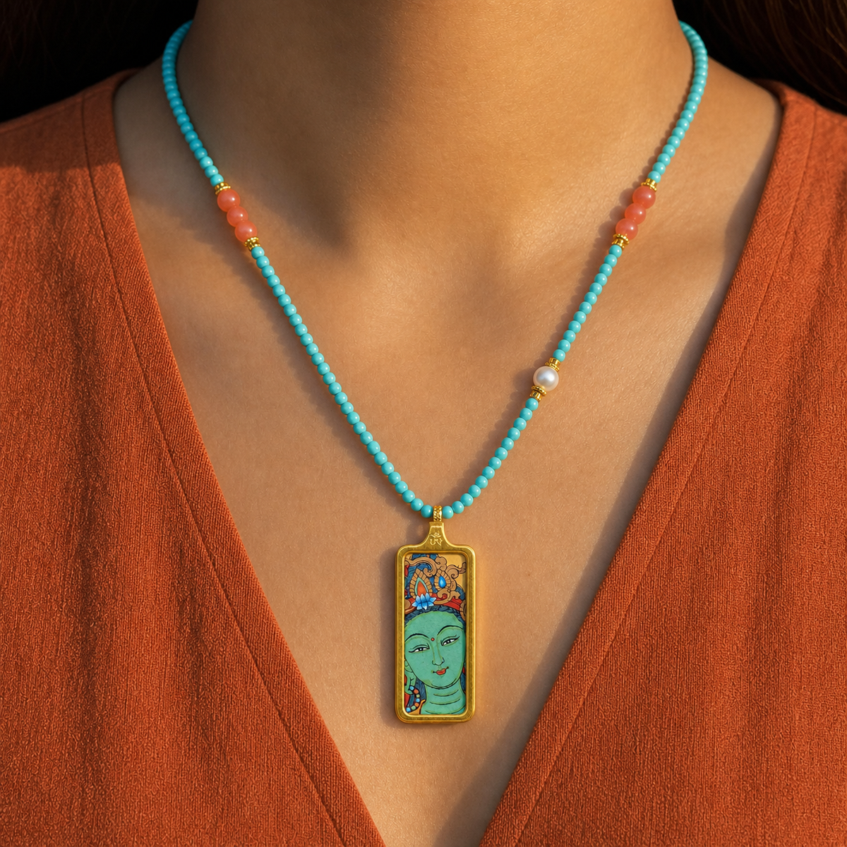 Eastern Luck Green Tara mini Tibetan thangka pendant — turquoise coral bead necklace worn — image 9 of 10