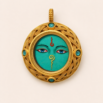Green Wisdom Eyes — 3D Hand-Painted Tsatsa Relief Thangka Pendant