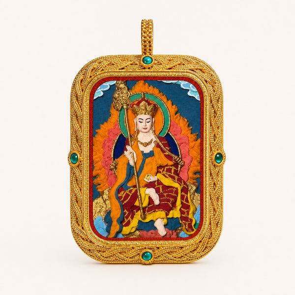 Ksitigarbha — Hand-Painted Tsatsa Thangka Pendant, Deluxe (3D Relief)