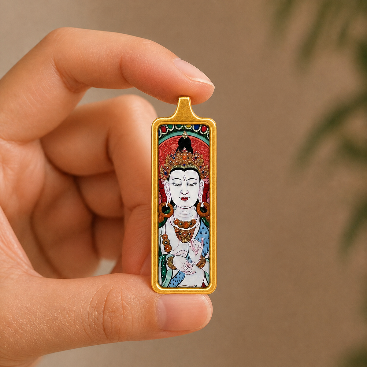 Eastern Luck Mahasthamaprapta mini Tibetan thangka pendant — adult hand scale — image 4 of 10