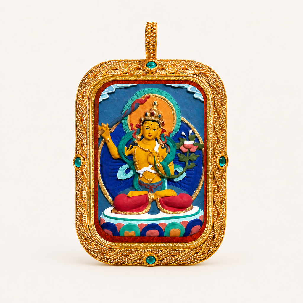 Manjushri hand-painted Tsatsa Thangka pendant front view
