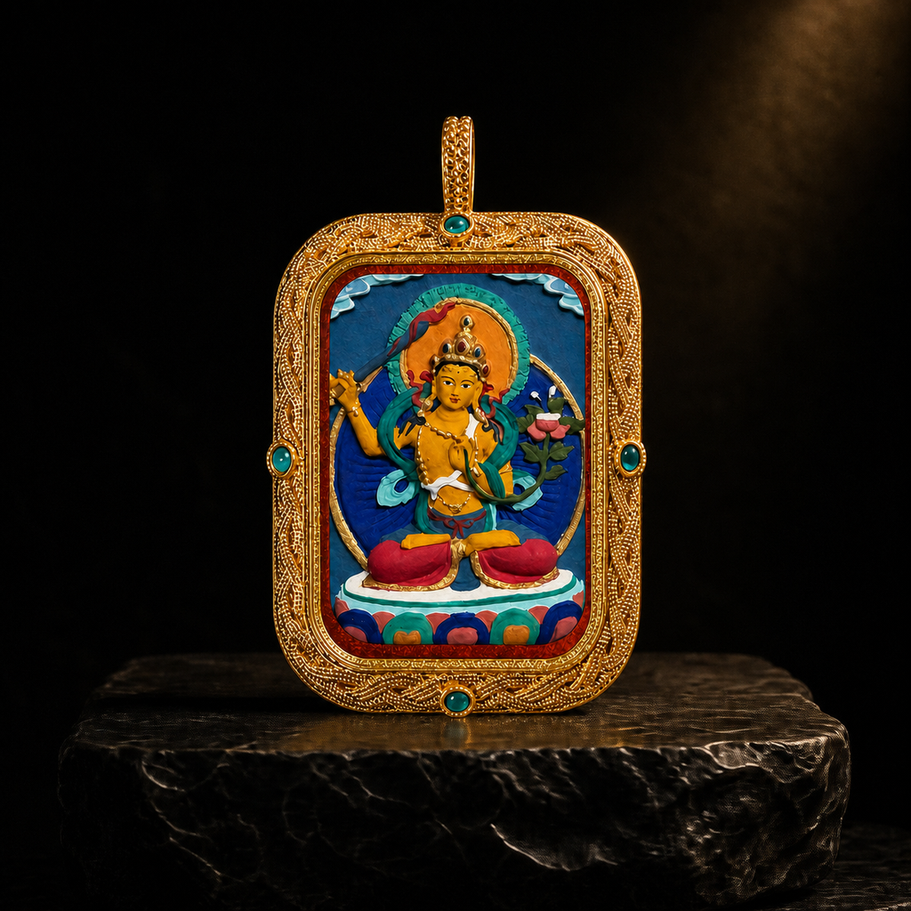 Manjushri hand-painted Tsatsa Thangka pendant on dark stone pedestal