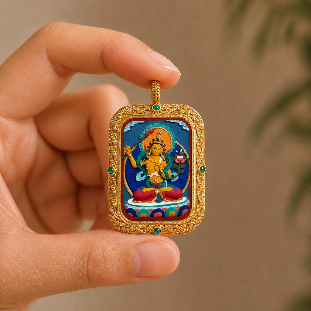 Manjushri hand-painted Tsatsa Thangka pendant shown in hand for scale