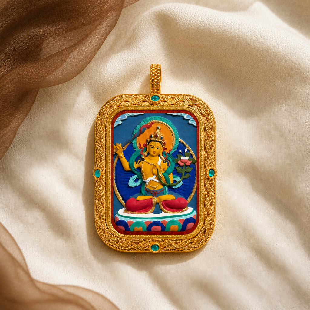 Manjushri hand-painted Tsatsa Thangka pendant on ivory linen