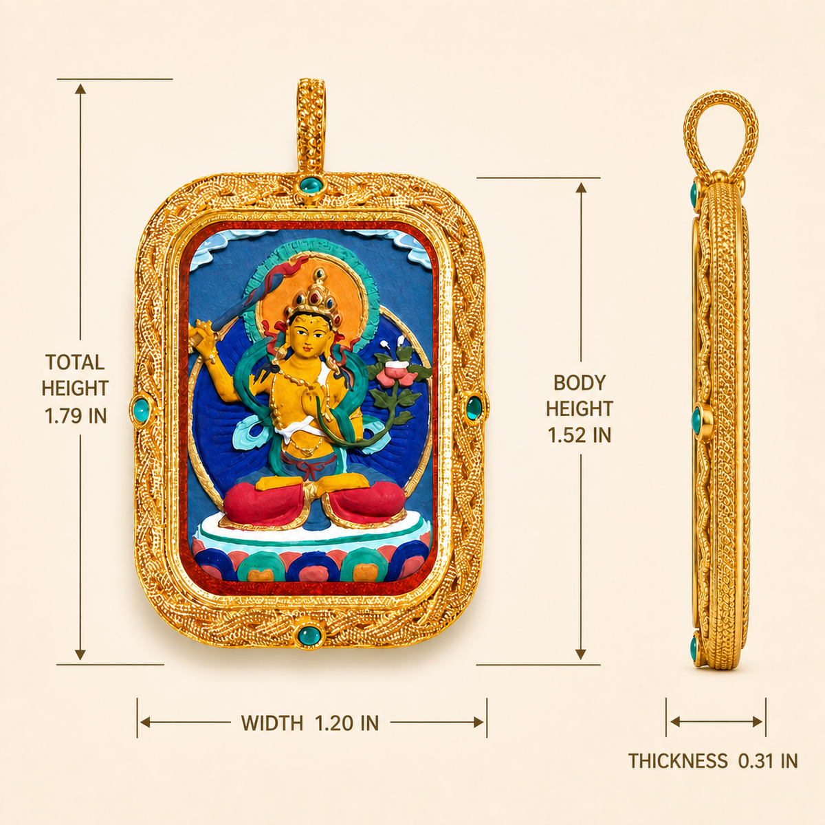 Manjushri hand-painted Tsatsa Thangka pendant dimensions in inches