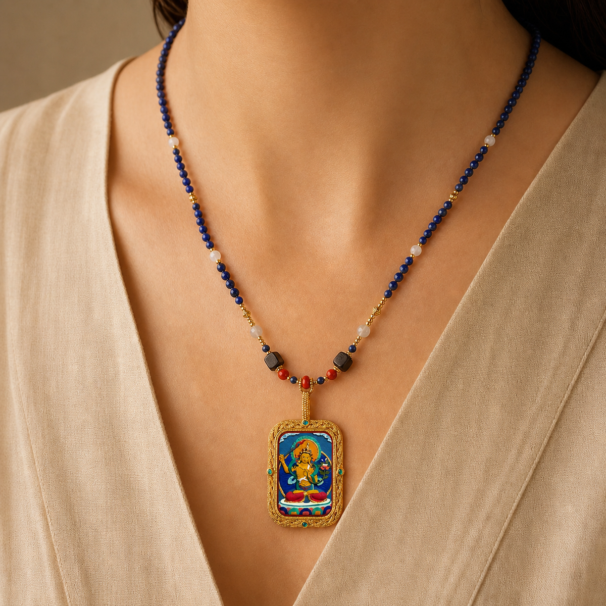 Manjushri hand-painted Tsatsa Thangka pendant with lapis bead necklace