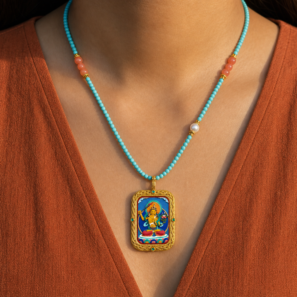 Manjushri hand-painted Tsatsa Thangka pendant with turquoise and coral necklace