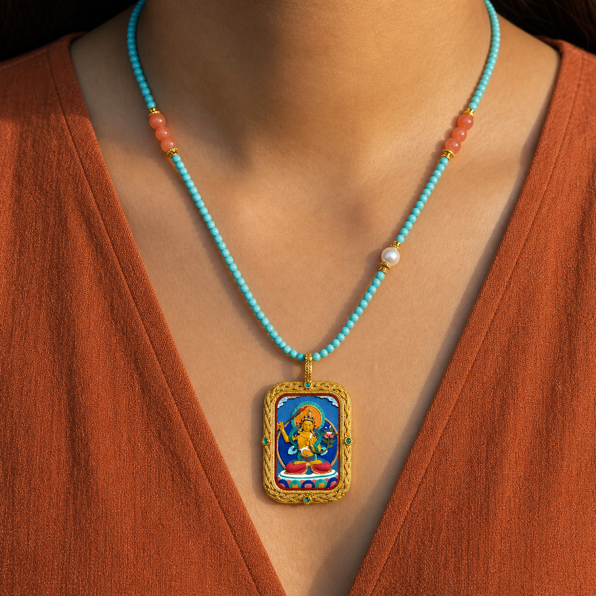 Manjushri hand-painted Tsatsa Thangka pendant with turquoise and coral necklace
