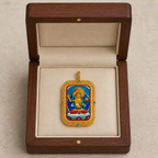 Manjushri hand-painted Tsatsa Thangka pendant in walnut jewelry box