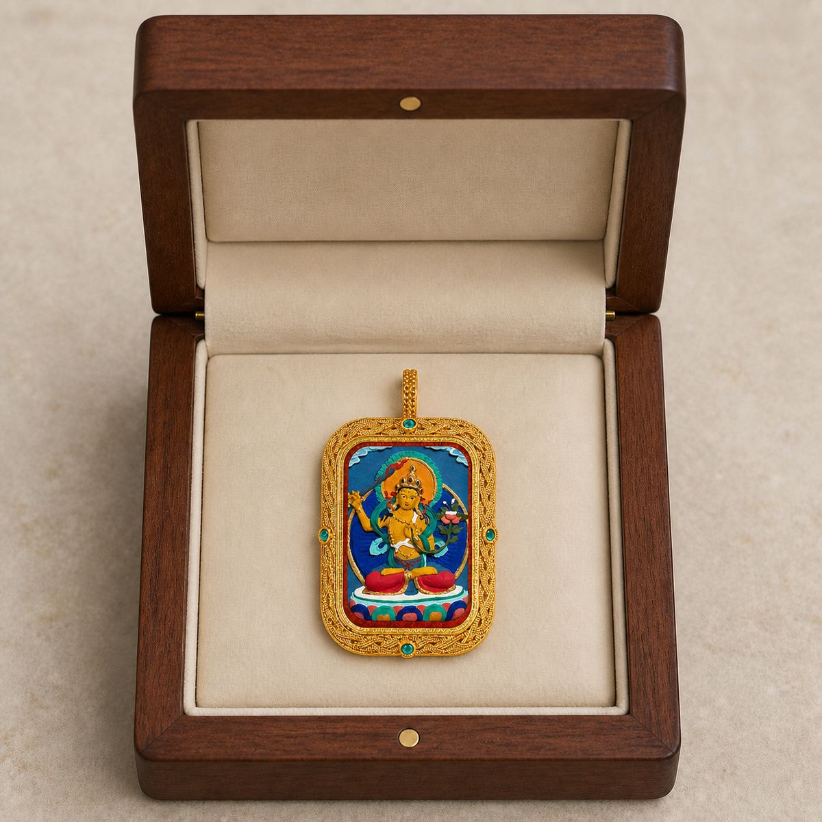 Manjushri hand-painted Tsatsa Thangka pendant in walnut jewelry box