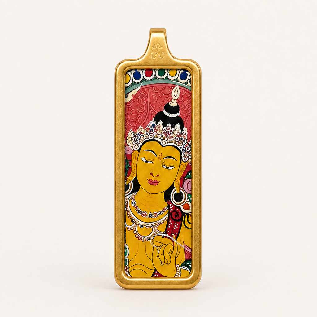 Eastern Luck Manjushri mini Tibetan thangka pendant — front view — image 1 of 10