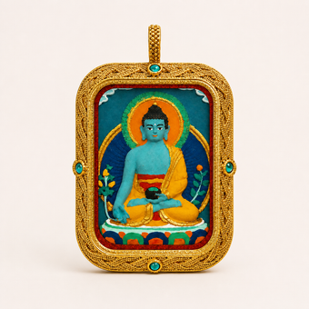 Medicine Buddha — Hand-Painted Tsatsa Thangka Pendant, Deluxe (3D Relief)