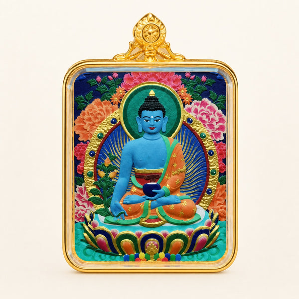 Medicine Buddha — Hand-Painted Thangka Pendant, Full Color (2D)