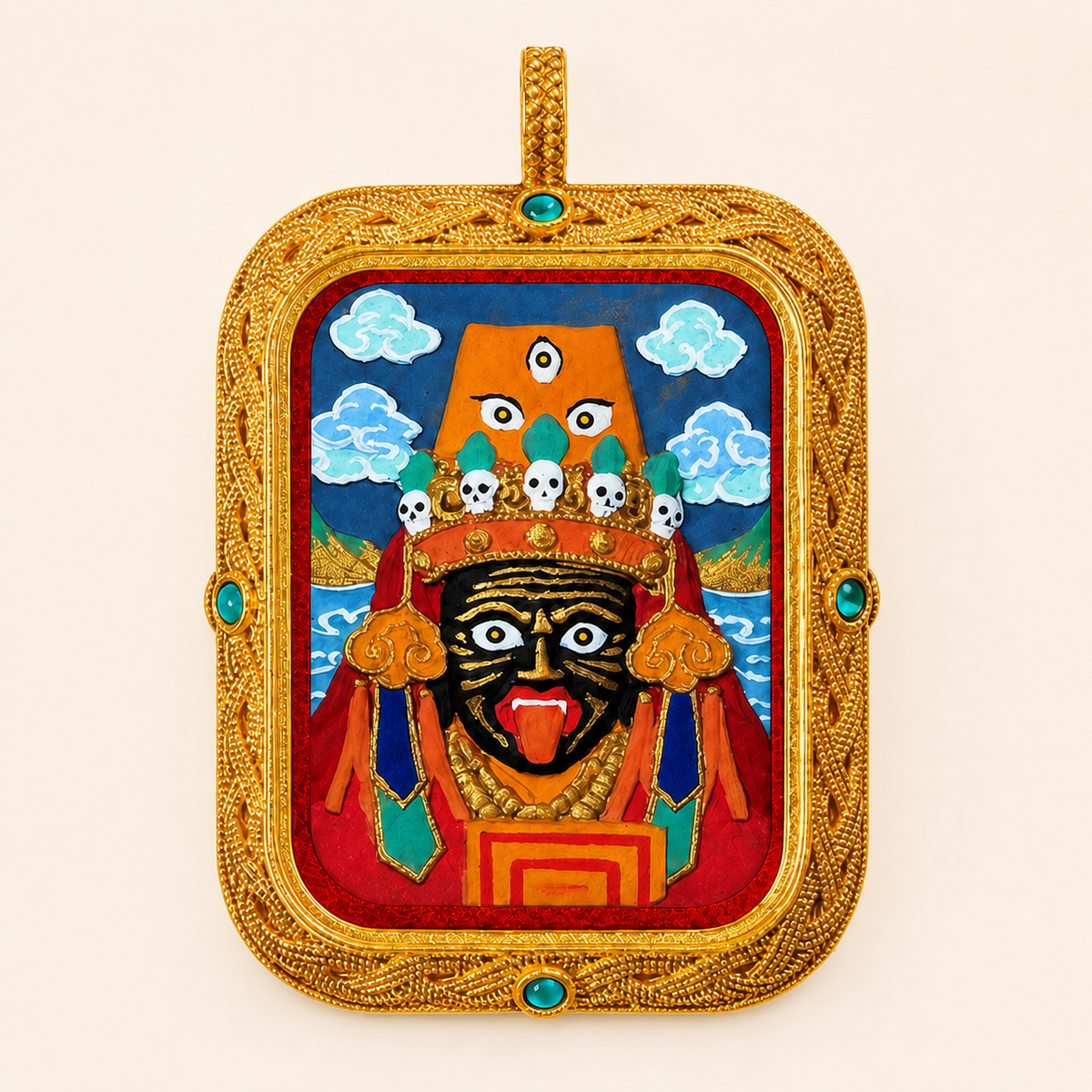 Palden Lhamo hand-painted Tsatsa Thangka pendant front view