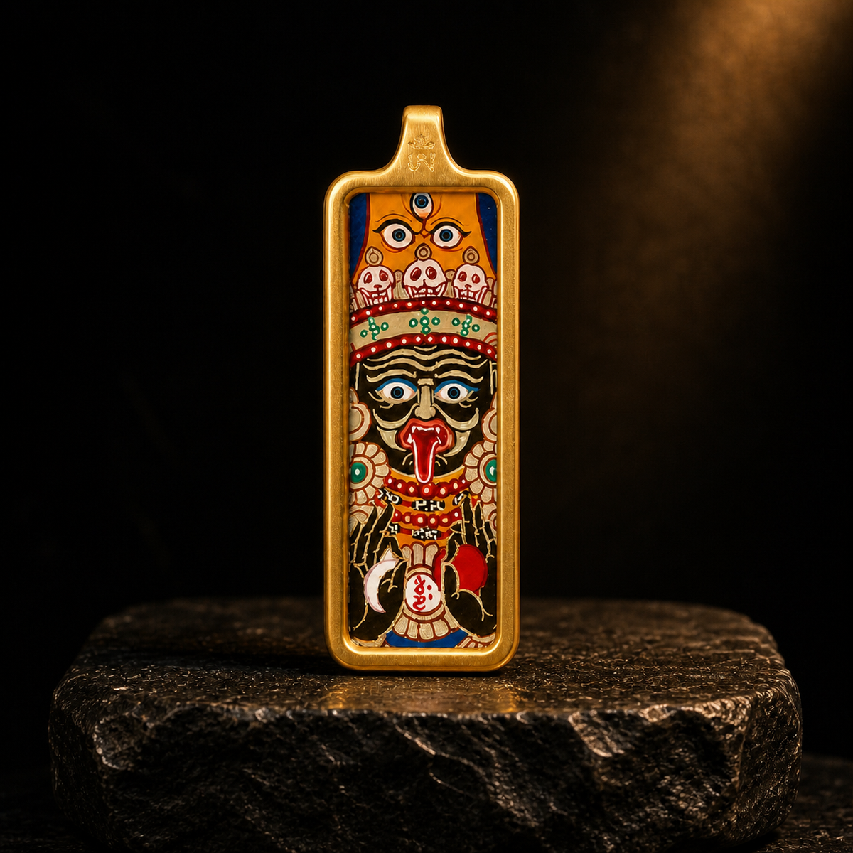 Eastern Luck Palden Lhamo mini Tibetan thangka pendant — dark stone display — image 3 of 10