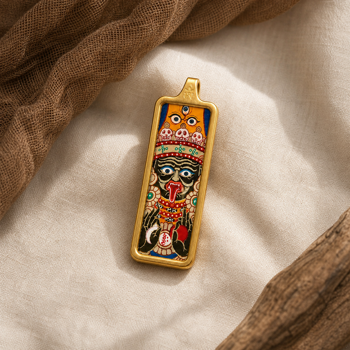 Eastern Luck Palden Lhamo mini Tibetan thangka pendant — ivory linen still life — image 5 of 10
