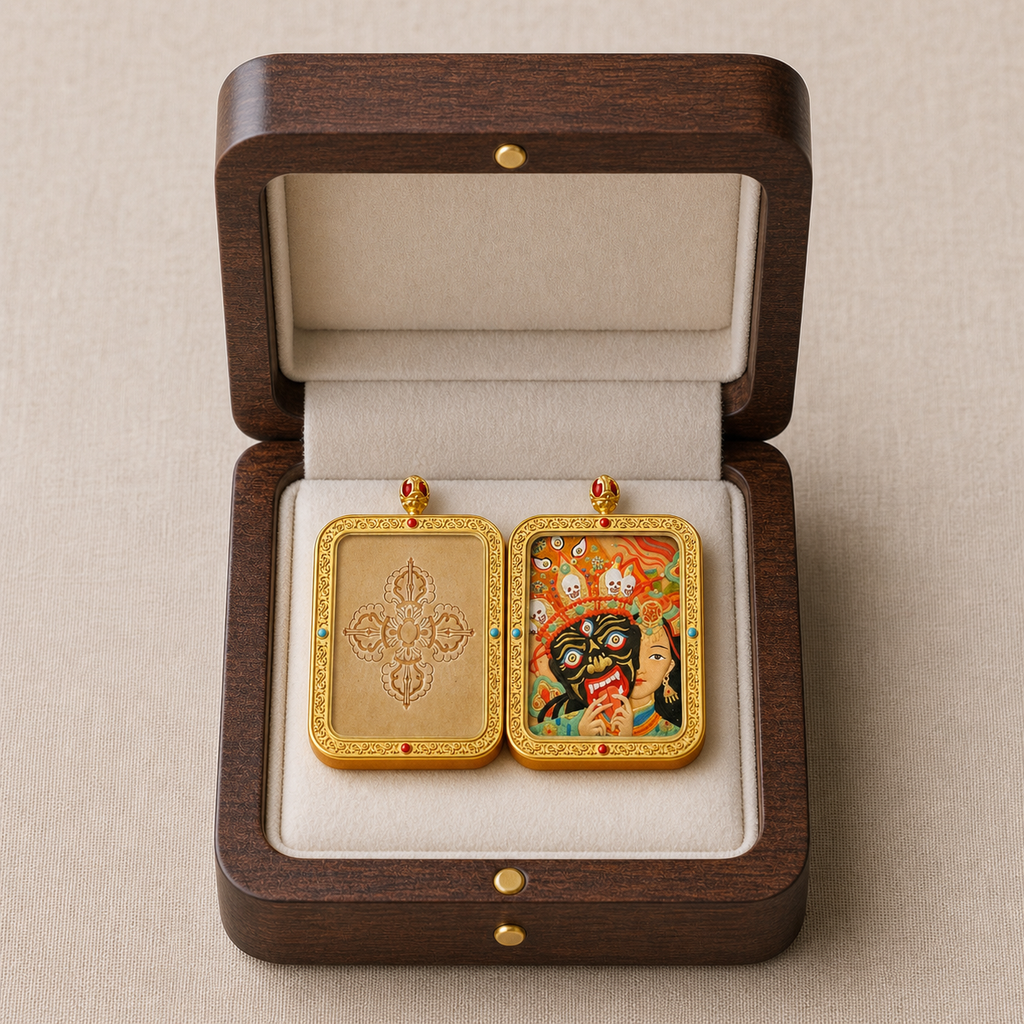 Eastern Luck past present life hand carved leather thangka pendant image 10 of 10