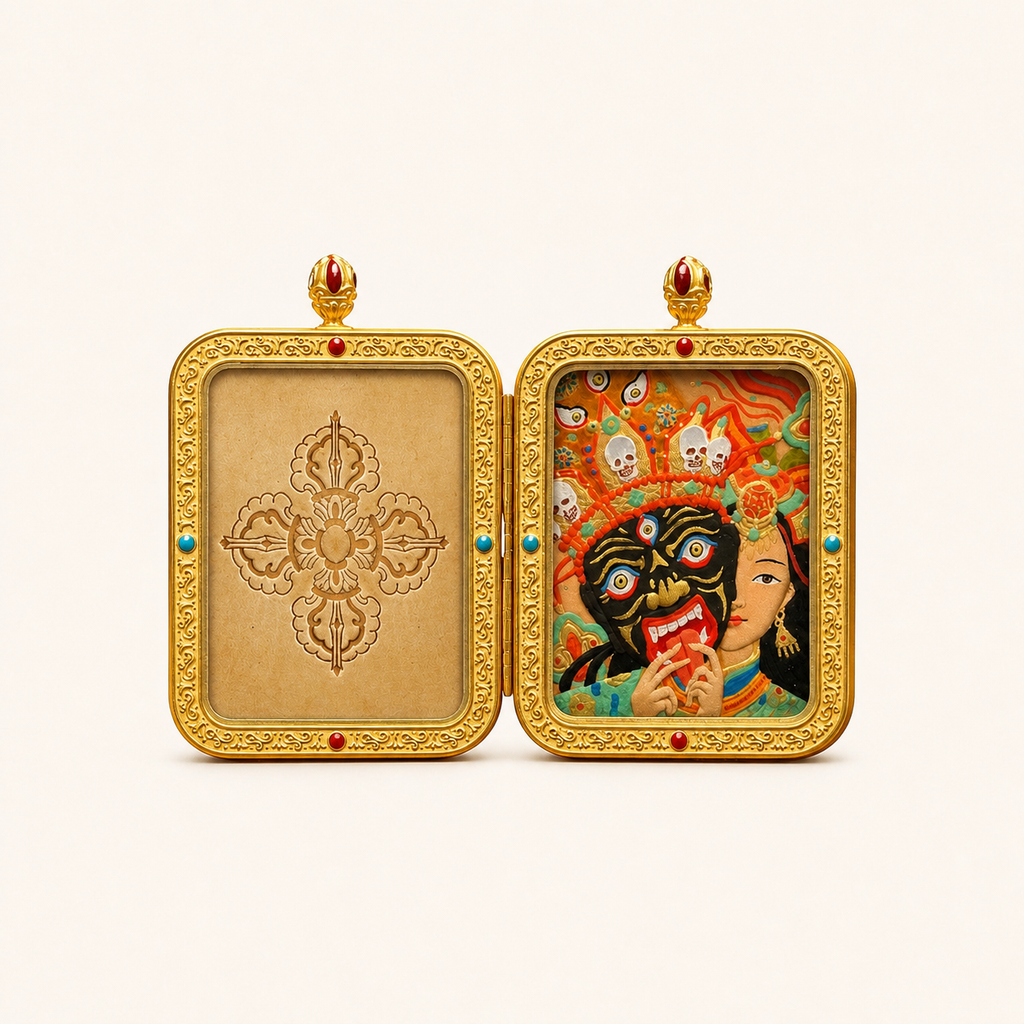 Eastern Luck past present life hand carved leather thangka pendant image 1 of 10