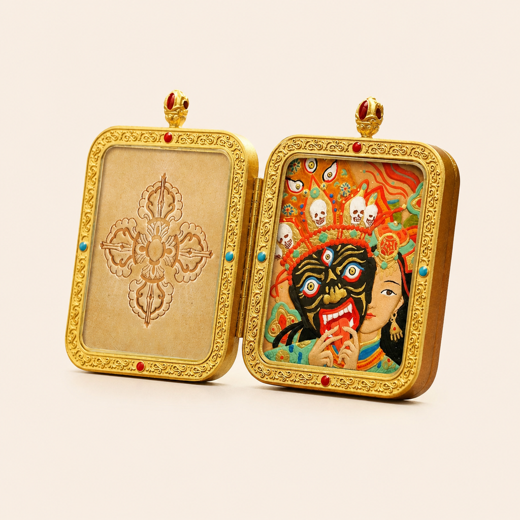 Eastern Luck past present life hand carved leather thangka pendant image 2 of 10