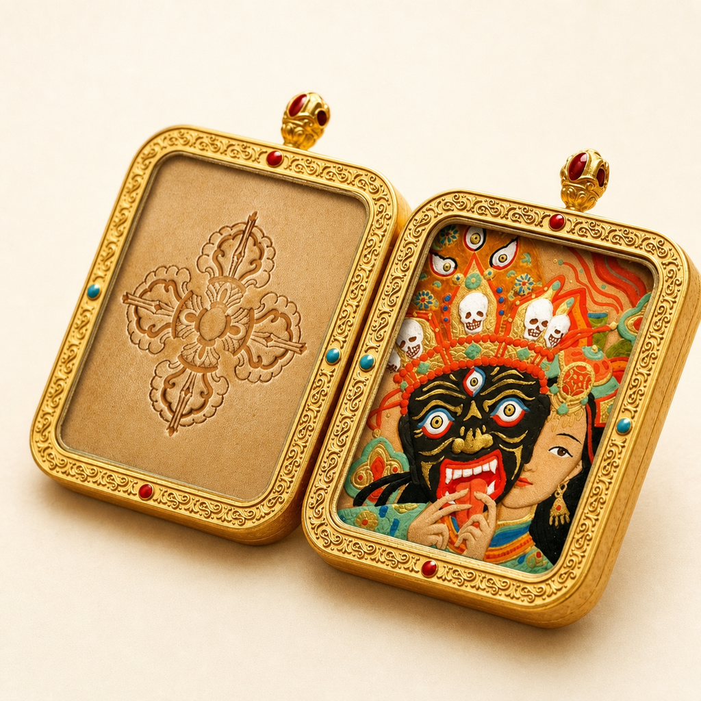 Eastern Luck past present life hand carved leather thangka pendant image 3 of 10