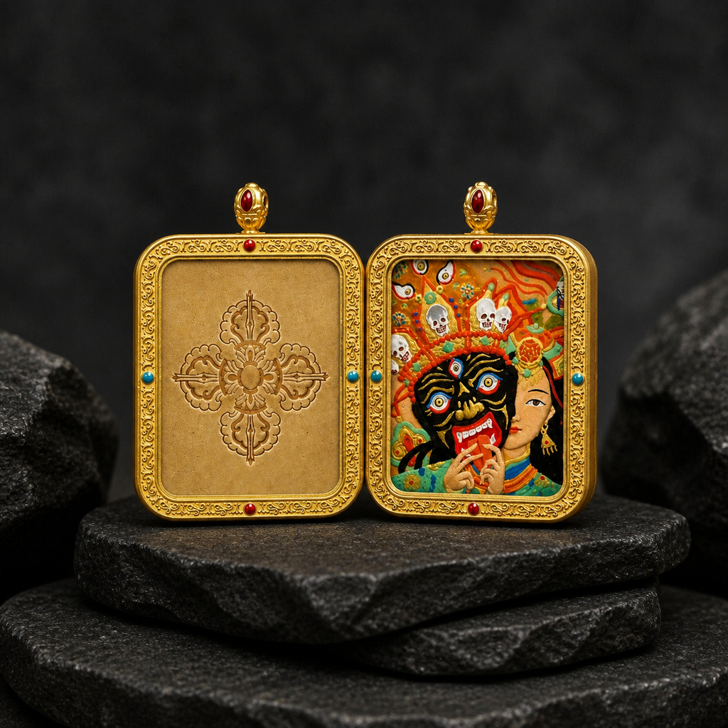 Eastern Luck past present life hand carved leather thangka pendant image 4 of 10