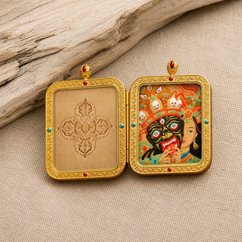 Eastern Luck past present life hand carved leather thangka pendant image 5 of 10