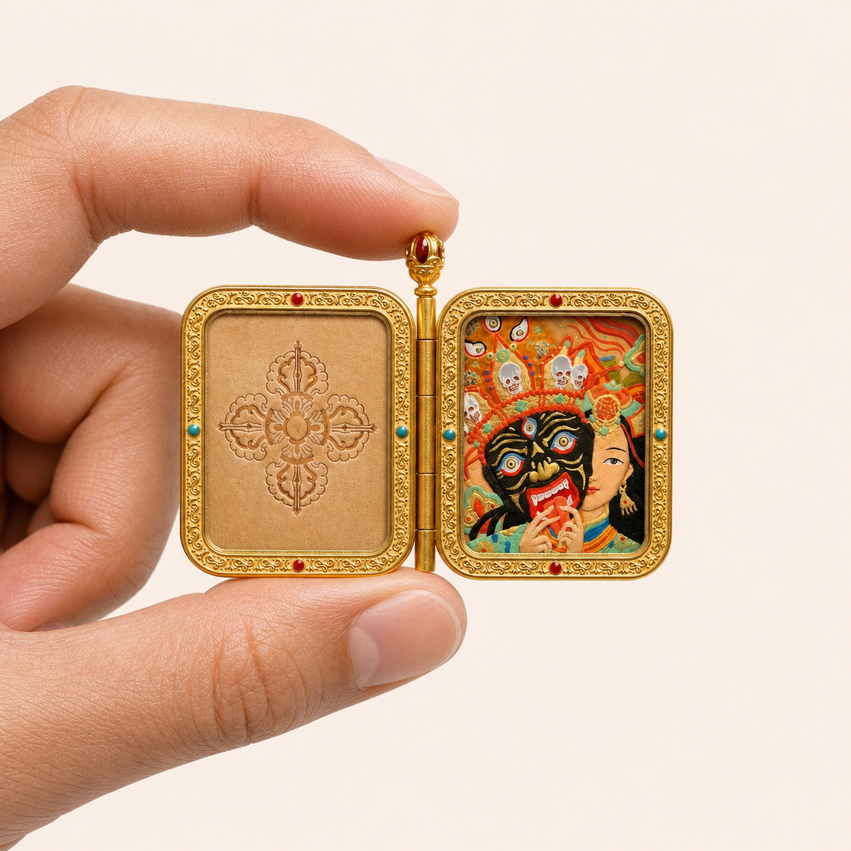 Eastern Luck past present life hand carved leather thangka pendant image 6 of 10