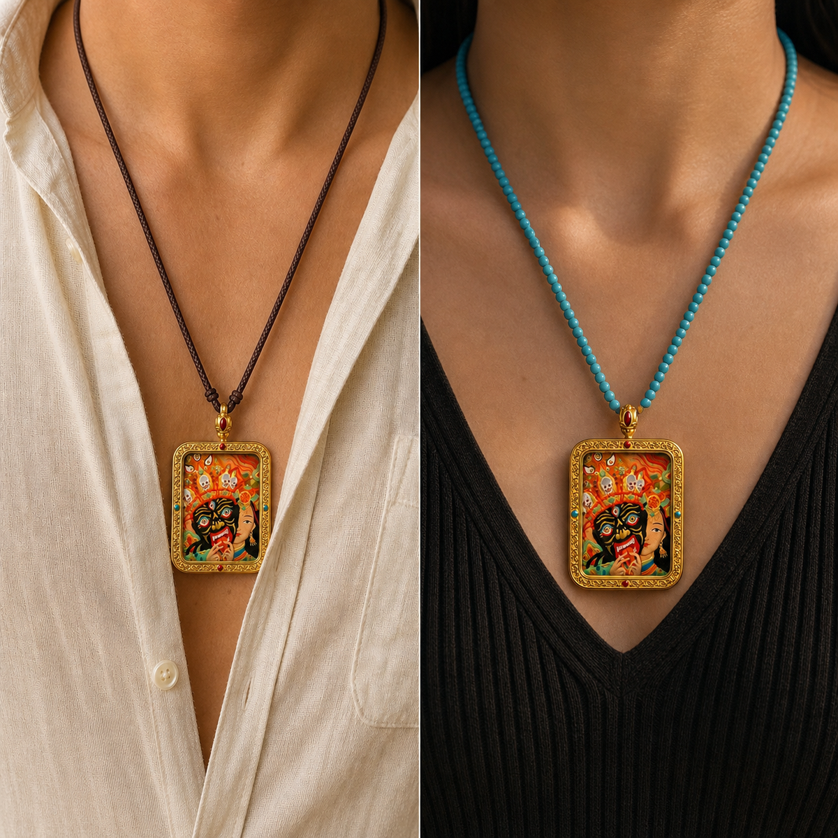 Eastern Luck past present life hand carved leather thangka pendant image 7 of 10