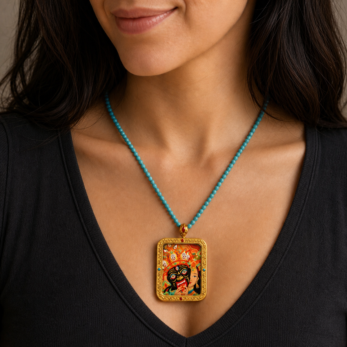 Eastern Luck past present life hand carved leather thangka pendant image 8 of 10