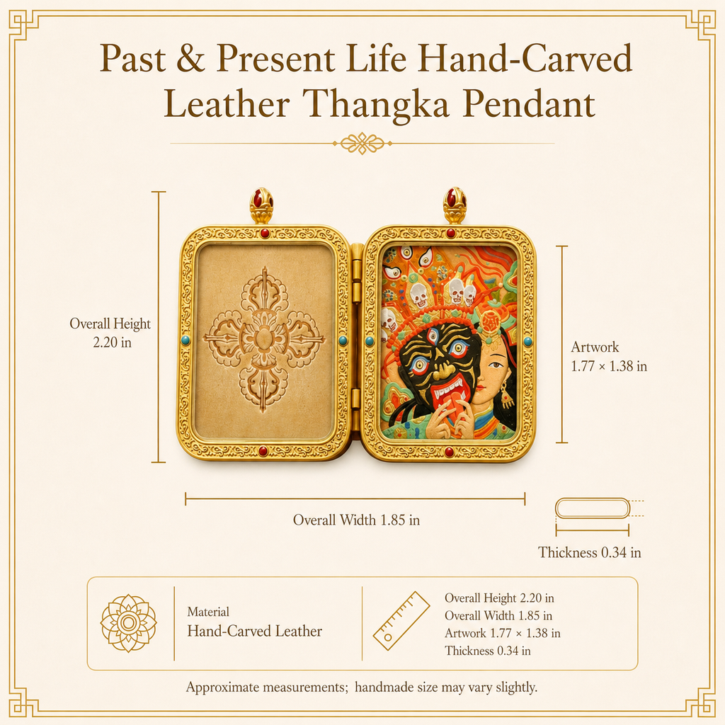 Eastern Luck past present life hand carved leather thangka pendant image 9 of 10