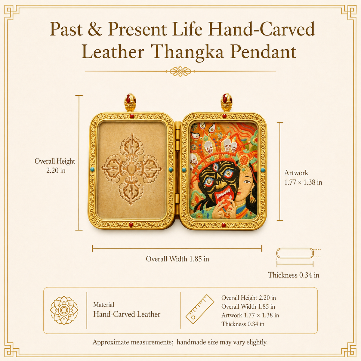 Eastern Luck past present life hand carved leather thangka pendant image 9 of 10
