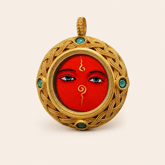 Red Wisdom Eyes — 3D Hand-Painted Tsatsa Relief Thangka Pendant
