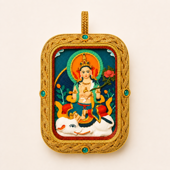 Samantabhadra — Hand-Painted Tsatsa Thangka Pendant, Deluxe (3D Relief)