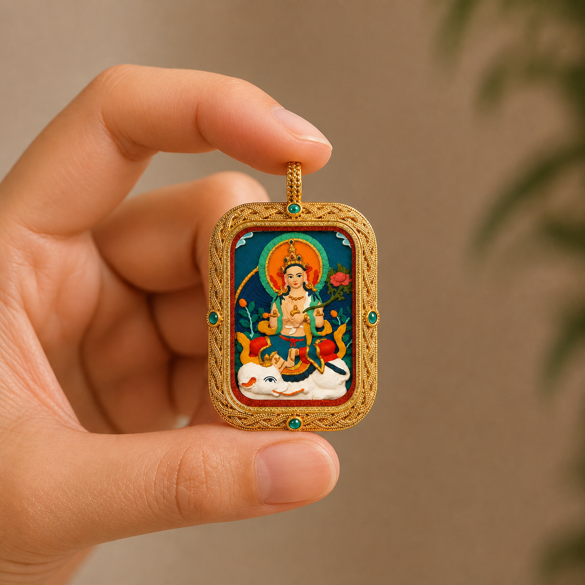 Samantabhadra hand-painted Tsatsa Thangka pendant shown in hand for scale