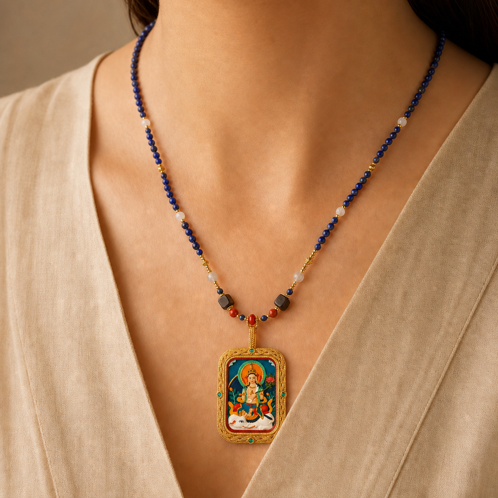 Samantabhadra hand-painted Tsatsa Thangka pendant with lapis bead necklace