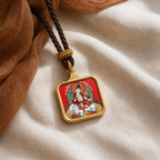Samantabhadra titanium steel pendant on ivory linen and brown gauze