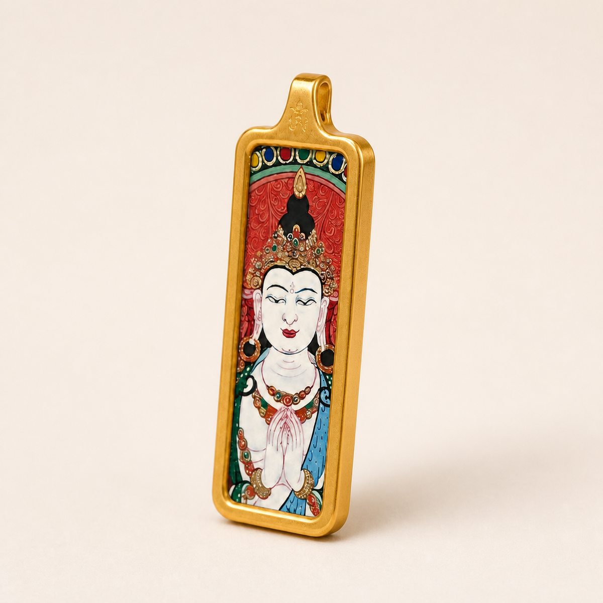 Eastern Luck Samantabhadra mini Tibetan thangka pendant — 45 degree side view — image 2 of 10