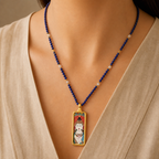 Eastern Luck Samantabhadra mini Tibetan thangka pendant — lapis bead necklace worn — image 8 of 10