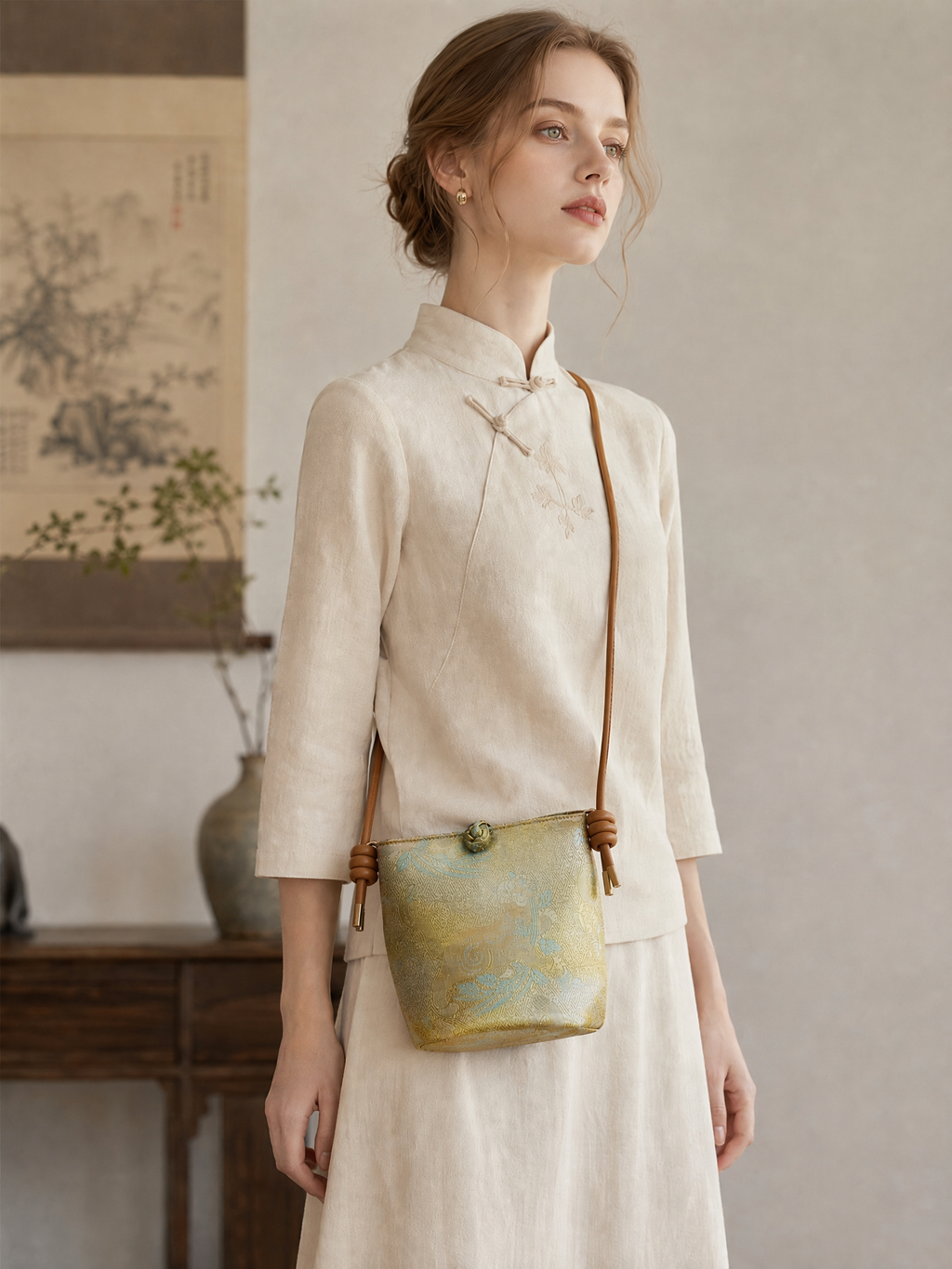Song Brocade Phone Crossbody Bag — Golden Yellow — model view