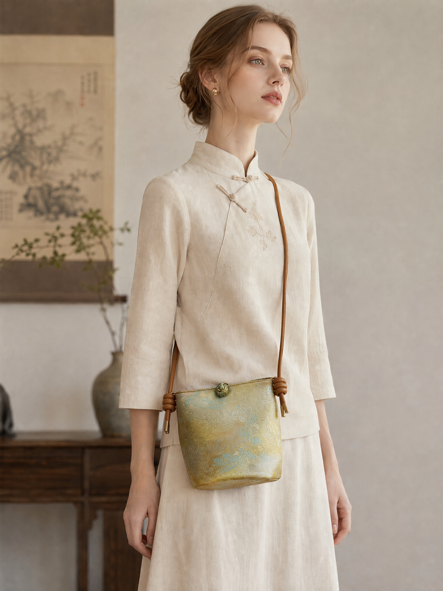 Song Brocade Phone Crossbody Bag — Golden Yellow — model view