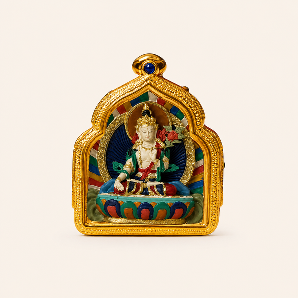 White Tara — Hand-Painted Tibetan Thangka Pendant (3D Relief)