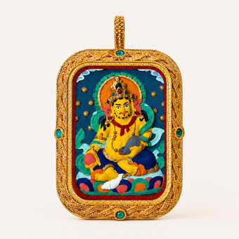 Yellow Jambhala — Hand-Painted Tsatsa Thangka Pendant, Deluxe (3D Relief)