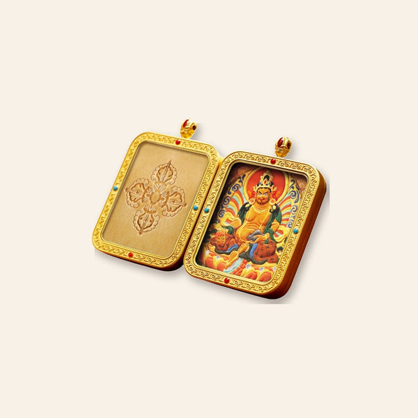 Yellow Jambhala — Hand-Carved Leather Thangka Pendant (2D)