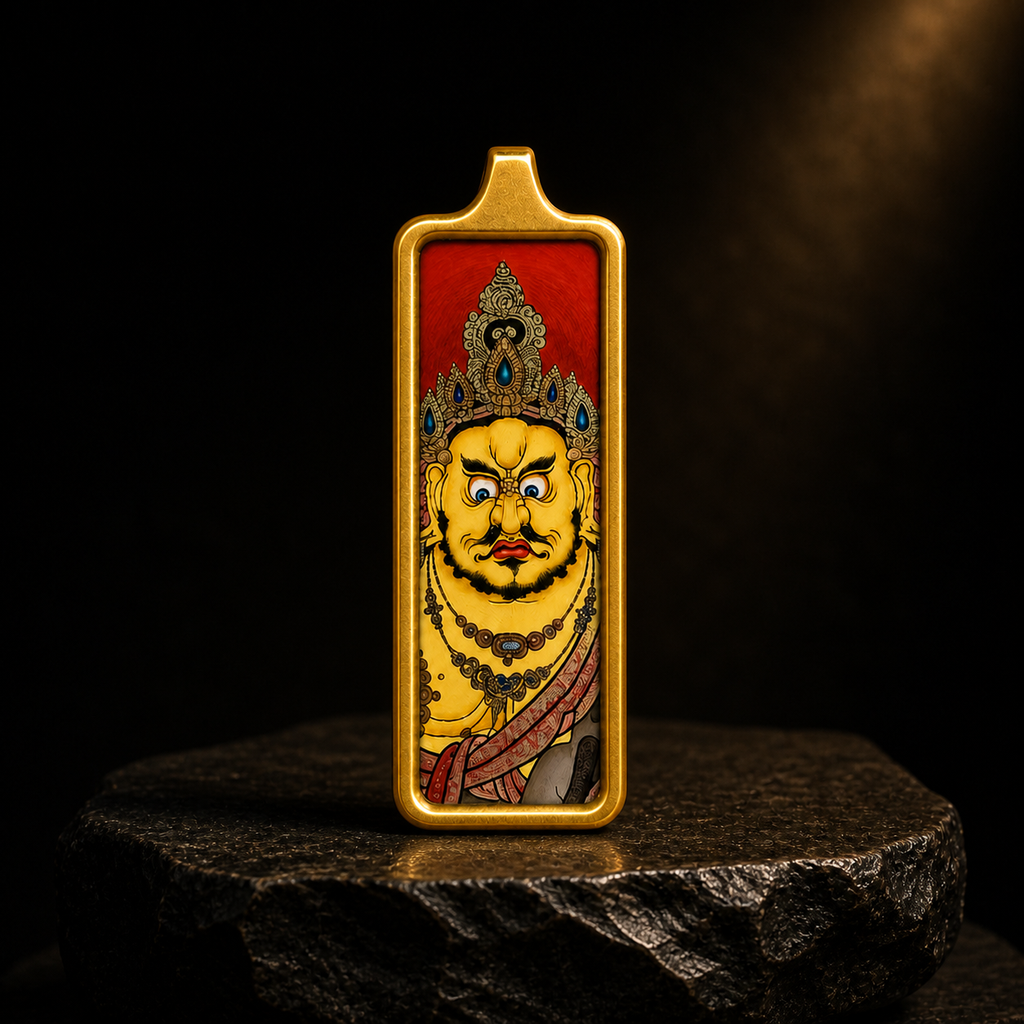 Eastern Luck Yellow Jambhala mini Tibetan thangka pendant — dark stone display — image 3 of 10