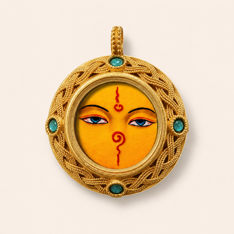 Yellow Wisdom Eyes — 3D Hand-Painted Tsatsa Relief Thangka Pendant